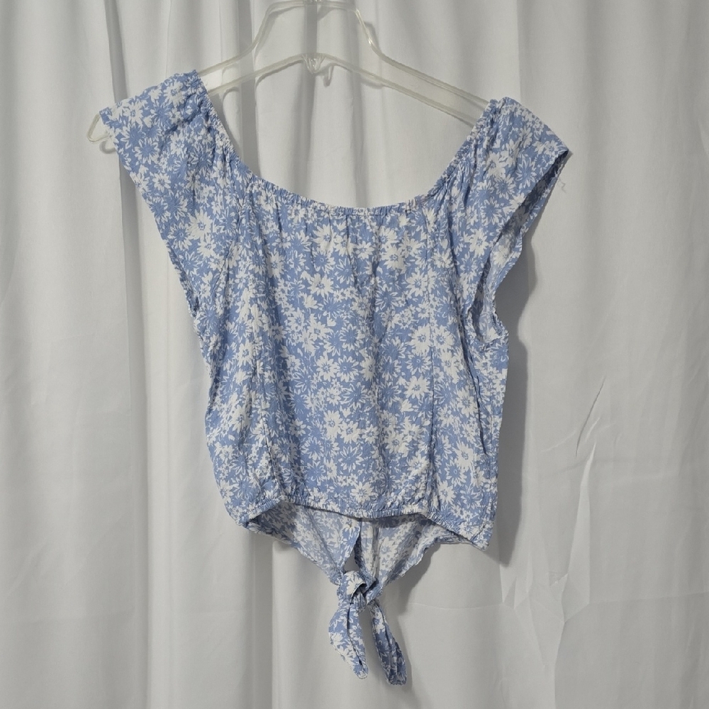 American‎ Eagle Outfitters Blue Floral Cropped Tie Front Off Shoulder Blouse - Picture 3 of 7